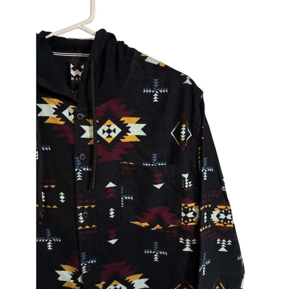WXYZ MFG Co Southwestern Hooded Button Shirt Aztec Print Men Medium Black